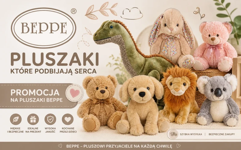 Baner reklamowy marki BEPPE prezentujący kolekcję pluszaków. Na zdjęciu widać m.in. pluszowego dinozaura, misie z kokardami, pieska, lwa, koalę oraz królika. Tekst na banerze: „Pluszaki, które podbijają serca. Promocja na pluszaki BEPPE”.
