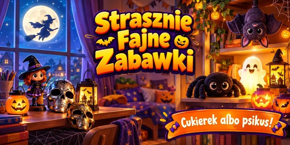 Baner sklepu z zabawkami na Halloween z napisem Strasznie Fajne Zabawki i przyciskiem Cukierek albo psikus!. Pokój dziecięcy ze świecącymi latarenkami, uśmiechniętym pająkiem, czarownicami i duszkiem.
