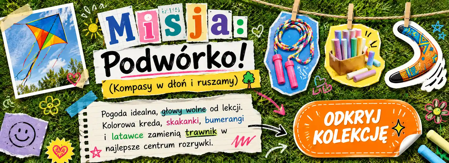 Kolorowy baner reklamowy sklepu KupZabawke.pl w stylu kolażu przedstawiający zabawki ogrodowe i plenerowe, takie jak latawiec, skakanka, kreda chodnikowa oraz bumerang na tle zielonej trawy. Na banerze widnieje duży napis Misja Podwórko (Kompasy w dłoń i ruszamy) oraz jaskrawopomarańczowy przycisk Odkryj kolekcję.
