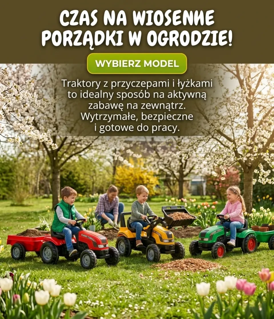 Traktory dla dzieci na pedały i akumulator w wiosennej scenerii ogrodu – zabawa w pomoc przy porządkach ogrodowych.