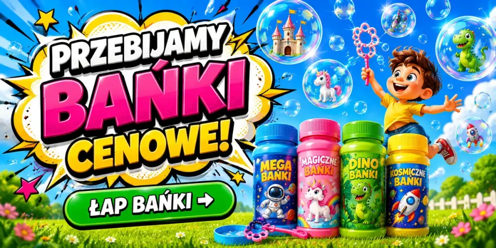 Promocja na bańki mydlane Dulcop dla dzieci. Baner reklamowy prezentujący kolorowe opakowania baniek mydlanych z grą labirynt. Hasło „Przebijamy Bańki Cenowe” podkreśla obniżone ceny i sezonową ofertę sklepu z zabawkami. Grafika utrzymana w dziecięcej, kolorowej stylistyce z motywem unoszących się baniek mydlanych.