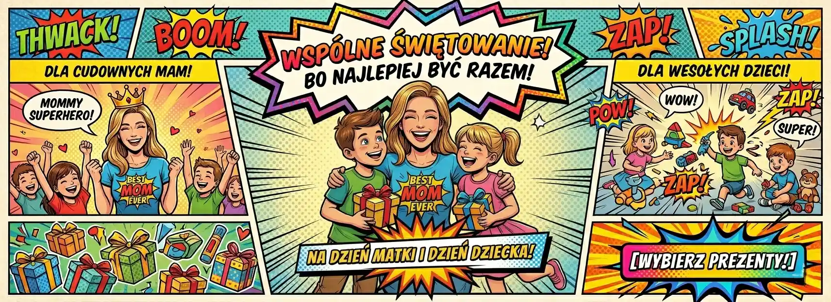 Kolorowy baner w stylu komiksowym na Dzień Matki i Dzień Dziecka. Sceny z uśmiechniętą mamą, dziećmi z prezentami i onomatopejami BOOM i ZAP. Napis: Wspólne świętowanie! Bo najlepiej być razem! Przycisk: Wybierz prezenty.