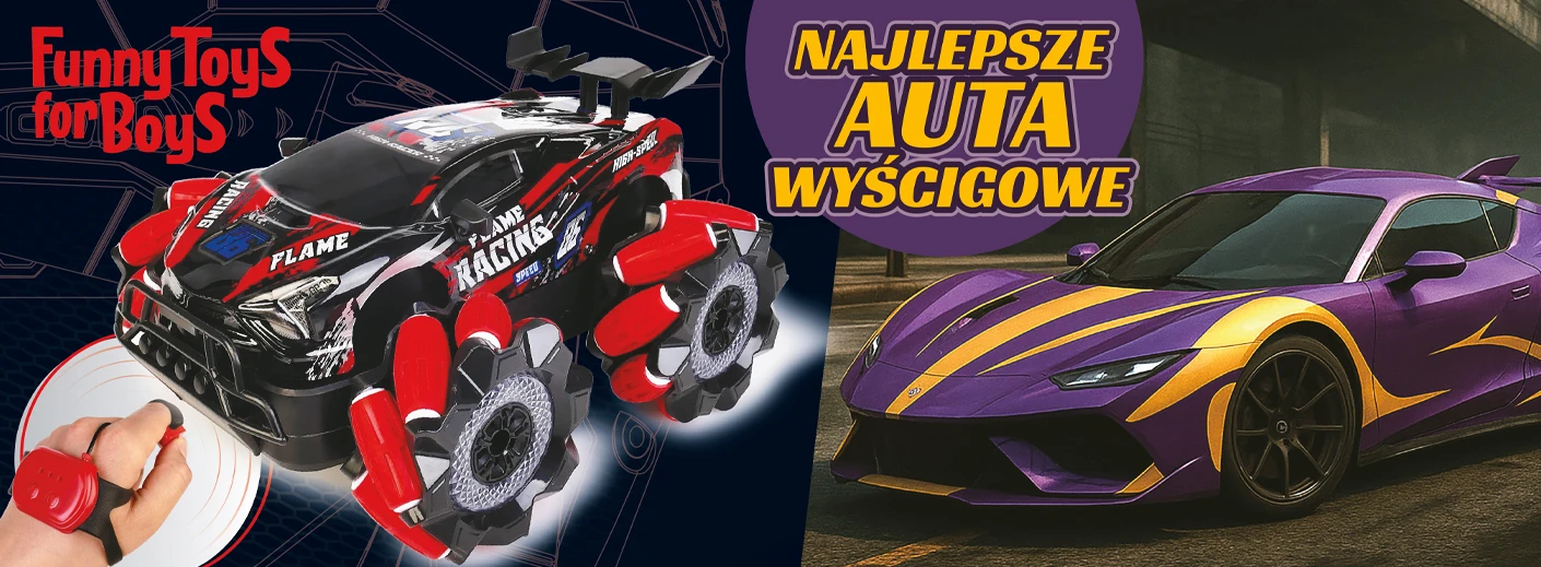 Zdjęcie przedstawiające szybki samochód zdalnie sterowany z naklejkami wyścigowymi i czerwonymi akcentami, przeznaczony do zabawy dla chłopców.