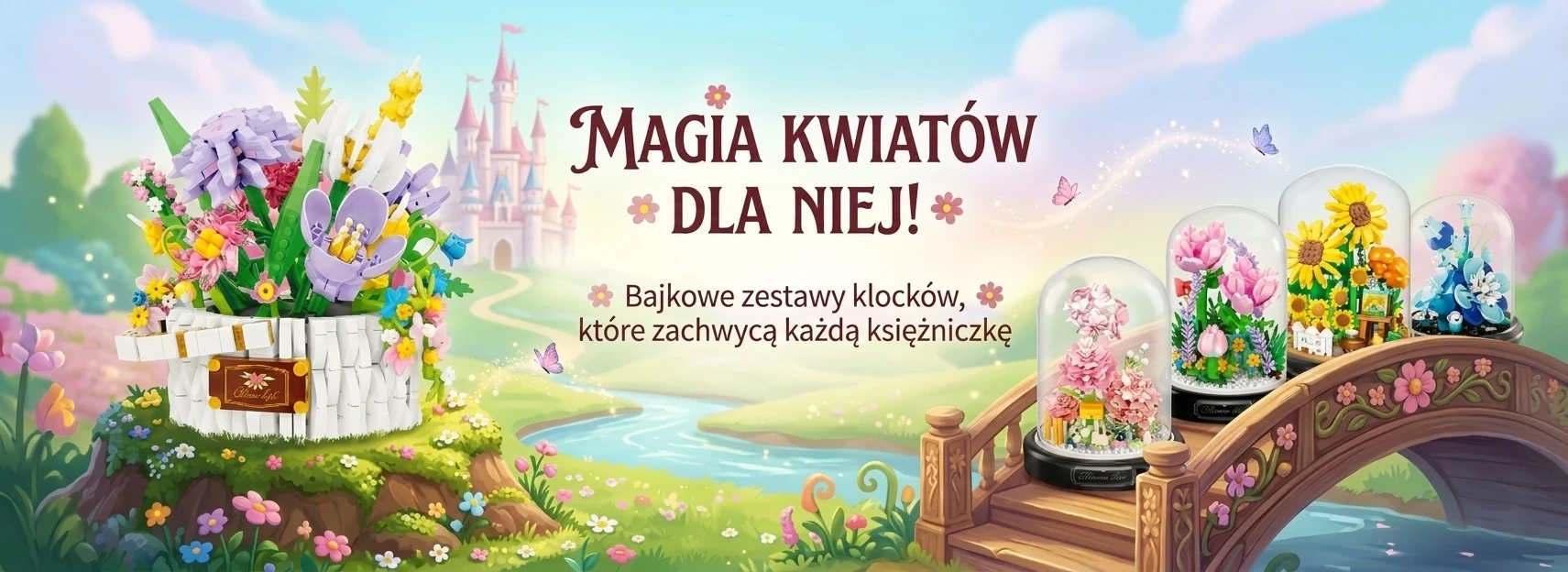 Bajkowa, pastelowa ilustracja przedstawiająca kwiecistą łąkę, po lewej bukiet kolorowych klocków konstrukcyjnych w doniczce przypominającej pień, w tle różowy zamek na wzgórzu, po prawej rzeźbiony drewniany most nad rzeką, motyle w powietrzu.