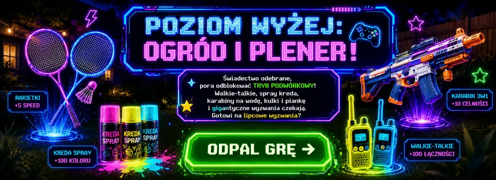 Baner w sklepie kupzabawke.pl przedstawiający zabawki ogrodowe dla dzieci: rakietki do badmintona, kredę w sprayu, krótkofalówki walkie-talkie oraz karabin na wodę, kulki i piankowe naboje na tle neonowego ogrodu.