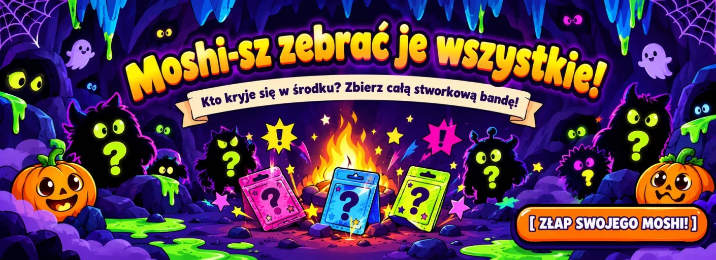 Główny baner Moshi Monsters z hasłem Moshi-sz zebrać je wszystkie! Kto kryje się w środku? Zbierz całą stworkową bandę!
