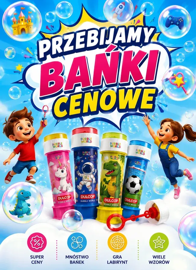 Promocja na bańki mydlane Dulcop dla dzieci. Baner reklamowy prezentujący kolorowe opakowania baniek mydlanych z grą labirynt. Hasło „Przebijamy Bańki Cenowe” podkreśla obniżone ceny i sezonową ofertę sklepu z zabawkami. Grafika utrzymana w dziecięcej, kolorowej stylistyce z motywem unoszących się baniek mydlanych.