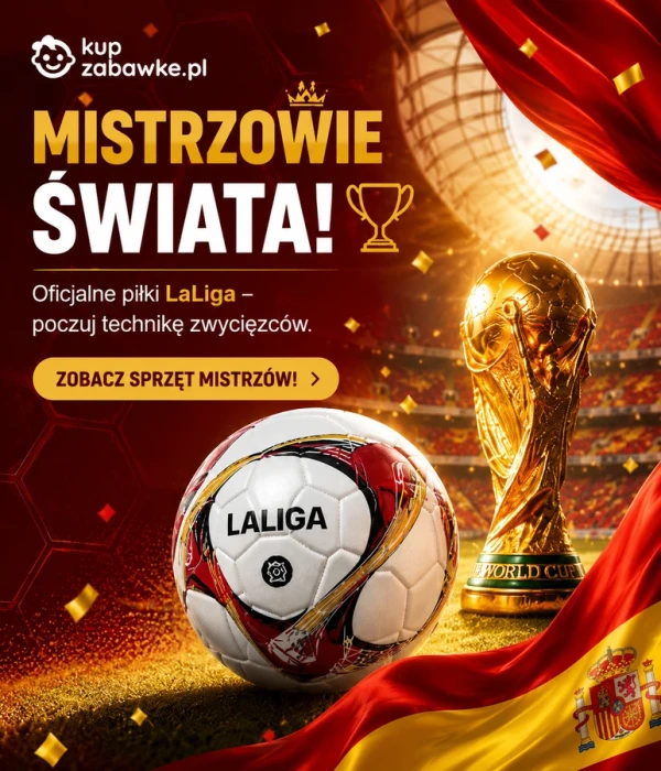 Baner promujący oficjalne piłki LaLiga. Na grafice widoczna jest piłka nożna, stadion piłkarski oraz złote trofeum mistrzostw na tle czerwono-złotej oprawy inspirowanej Hiszpanią.