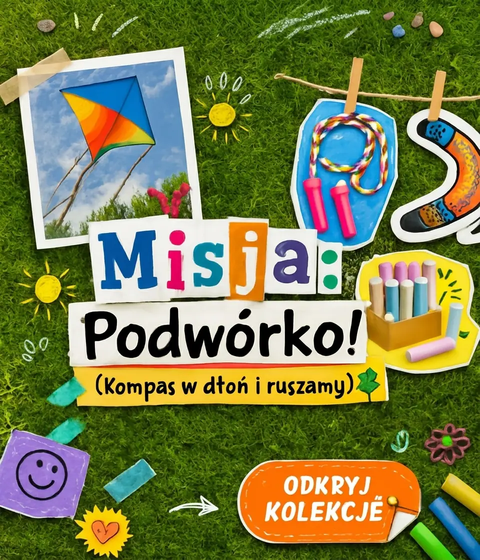 Mobilna, pionowa wersja baneru sklepu KupZabawke.pl w stylistyce scrapbookingu. Na tle soczystej trawy rozmieszczone są grafiki zabawek plenerowych: latawca, skakanki, bumerangu i kolorowej kredy. W centrum znajduje się wycinankowy napis Misja Podwórko (Kompas w dłoń i ruszamy) oraz zaokrąglony przycisk Odkryj kolekcję.