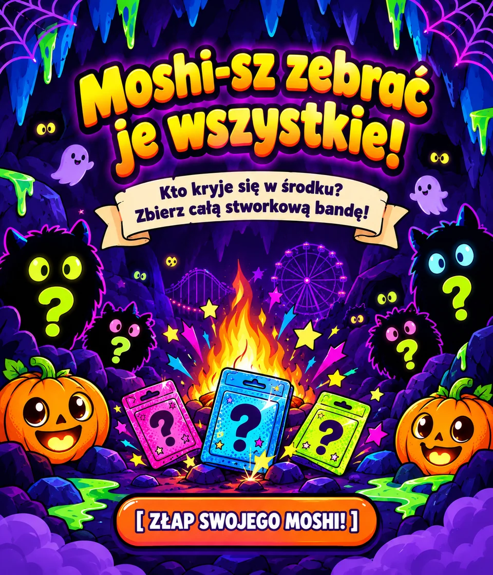 Pionowy baner mobilny Moshi Monsters z hasłem Moshi-sz zebrać je wszystkie! Kto kryje się w środku? Zbierz całą stworkową bandę!