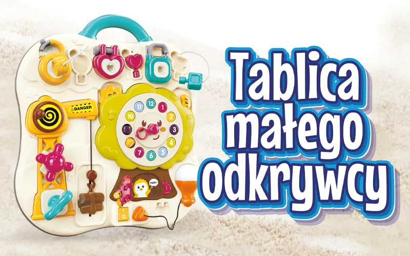Zabawka interaktywna z napisem "tablica małego odkrywcy", idealna do rozwijania wyobraźni i umiejętności manualnych dzieci.