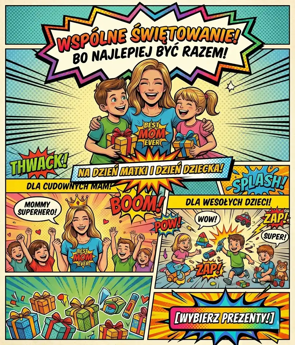 Kolorowy baner w stylu komiksowym na Dzień Matki i Dzień Dziecka. Sceny z uśmiechniętą mamą, dziećmi z prezentami i onomatopejami BOOM i ZAP. Napis: Wspólne świętowanie! Bo najlepiej być razem! Przycisk: Wybierz prezenty.