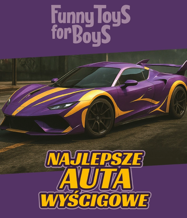 Fioletowy samochód sportowy z wyrazistymi żółtymi paskami, umieszczony w miejskim otoczeniu, aby przyciągnąć miłośników samochodów.