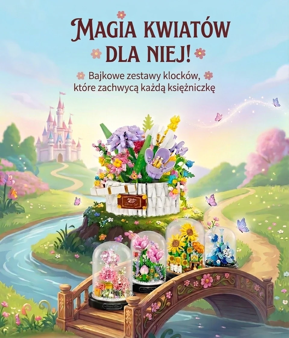 Bajkowa, pastelowa ilustracja przedstawiająca kwiecistą łąkę, po lewej bukiet kolorowych klocków konstrukcyjnych w doniczce przypominającej pień, w tle różowy zamek na wzgórzu, po prawej rzeźbiony drewniany most nad rzeką, motyle w powietrzu.