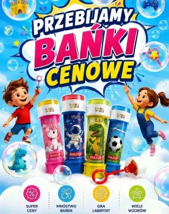 Promocja na bańki mydlane Dulcop dla dzieci. Baner reklamowy prezentujący kolorowe opakowania baniek mydlanych z grą labirynt. Hasło „Przebijamy Bańki Cenowe” podkreśla obniżone ceny i sezonową ofertę sklepu z zabawkami. Grafika utrzymana w dziecięcej, kolorowej stylistyce z motywem unoszących się baniek mydlanych.