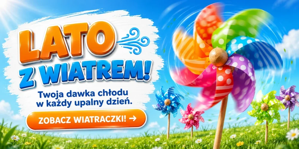Letni baner promujący kolekcję kolorowych wiatraczków dla dzieci. Radosne wzory, dynamiczne efekty ruchu i wakacyjna stylistyka podkreślają zabawę na świeżym powietrzu podczas upalnych dni.