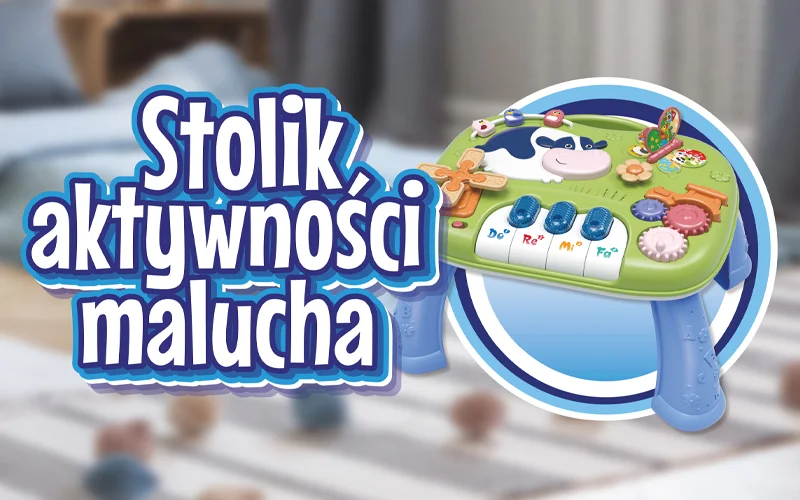 Stolik aktywny dla dzieci, wyposażony w kolorowe zabawki i elementy stymulujące rozwój malucha.